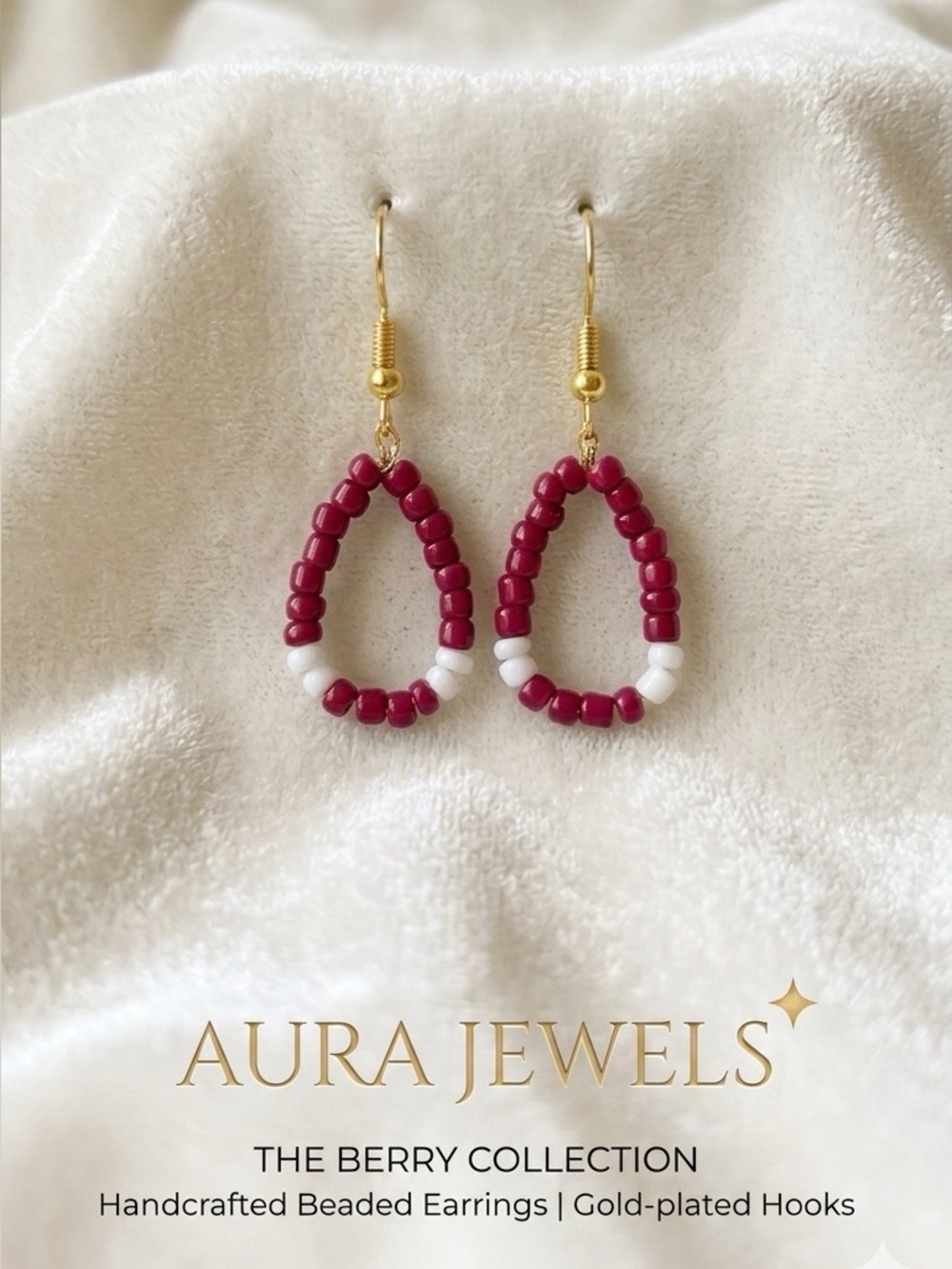 ❤️ Gold Hook Burgundy and White Beaded Teardrop Earrings